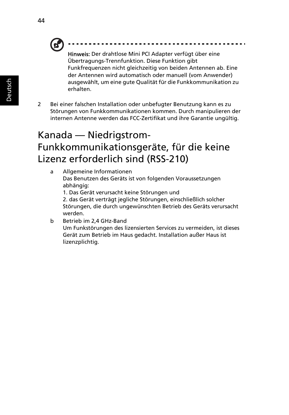 Kanada — niedrigstrom-funkkommunikationsgeräte, Für die keine lizenz erforderlich sind (rss-210) | Acer Aspire One AO722 User Manual | Page 190 / 1810