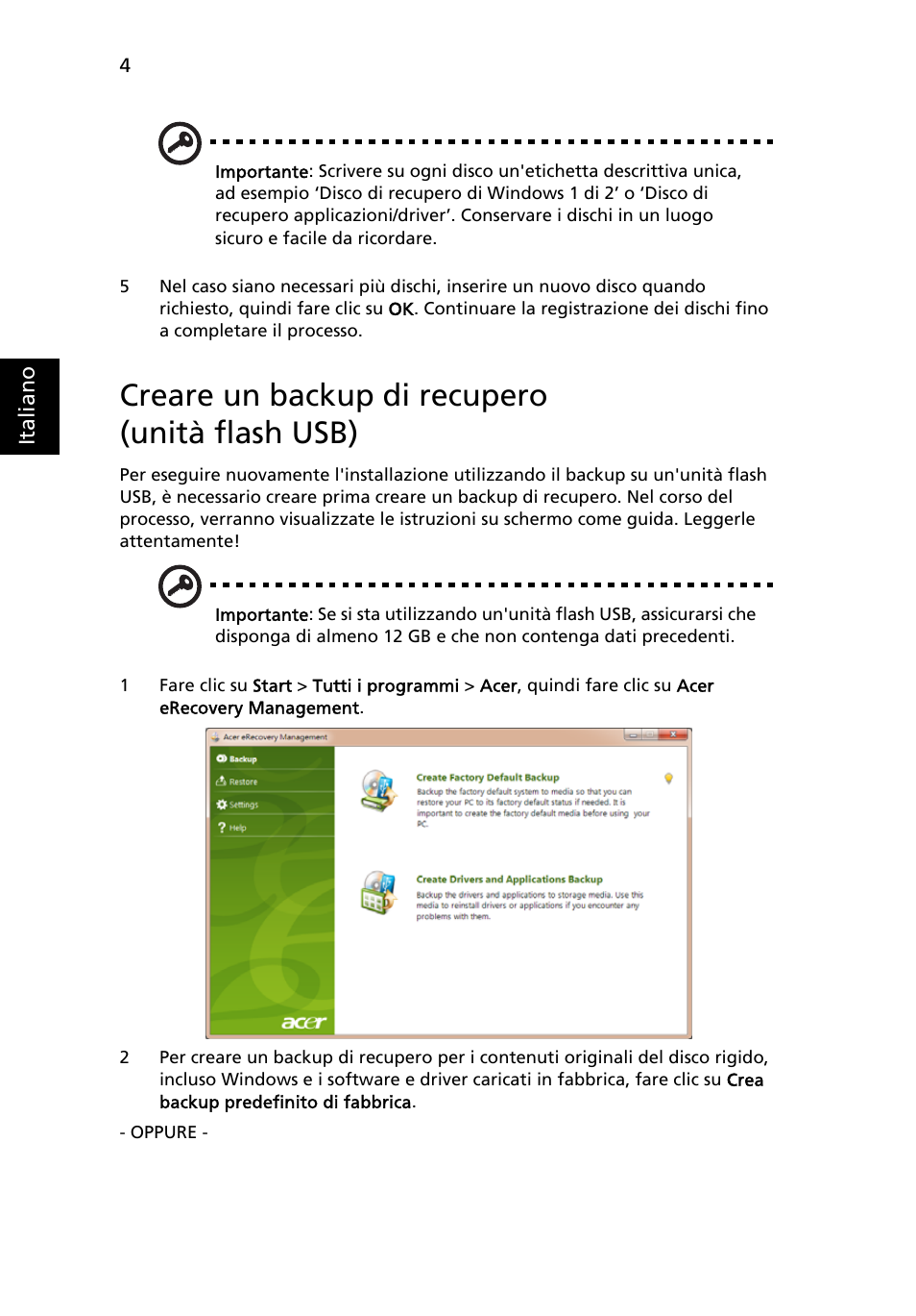 Creare un backup di recupero (unità flash usb) | Acer Aspire One AO722 User Manual | Page 216 / 1810