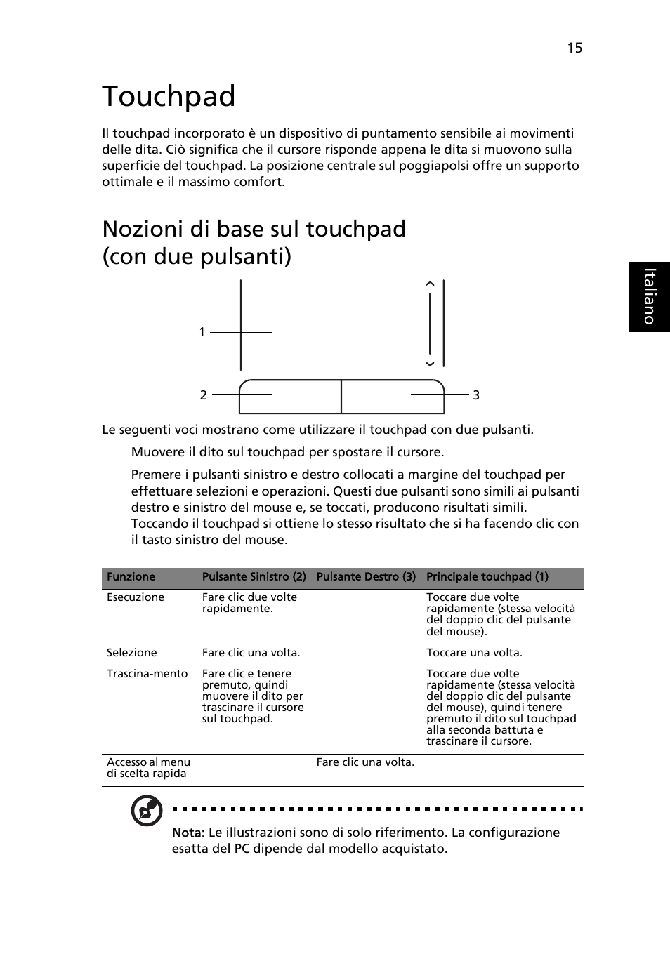 Touchpad, Nozioni di base sul touchpad (con due pulsanti), Ital ia no | Acer Aspire One AO722 User Manual | Page 227 / 1810