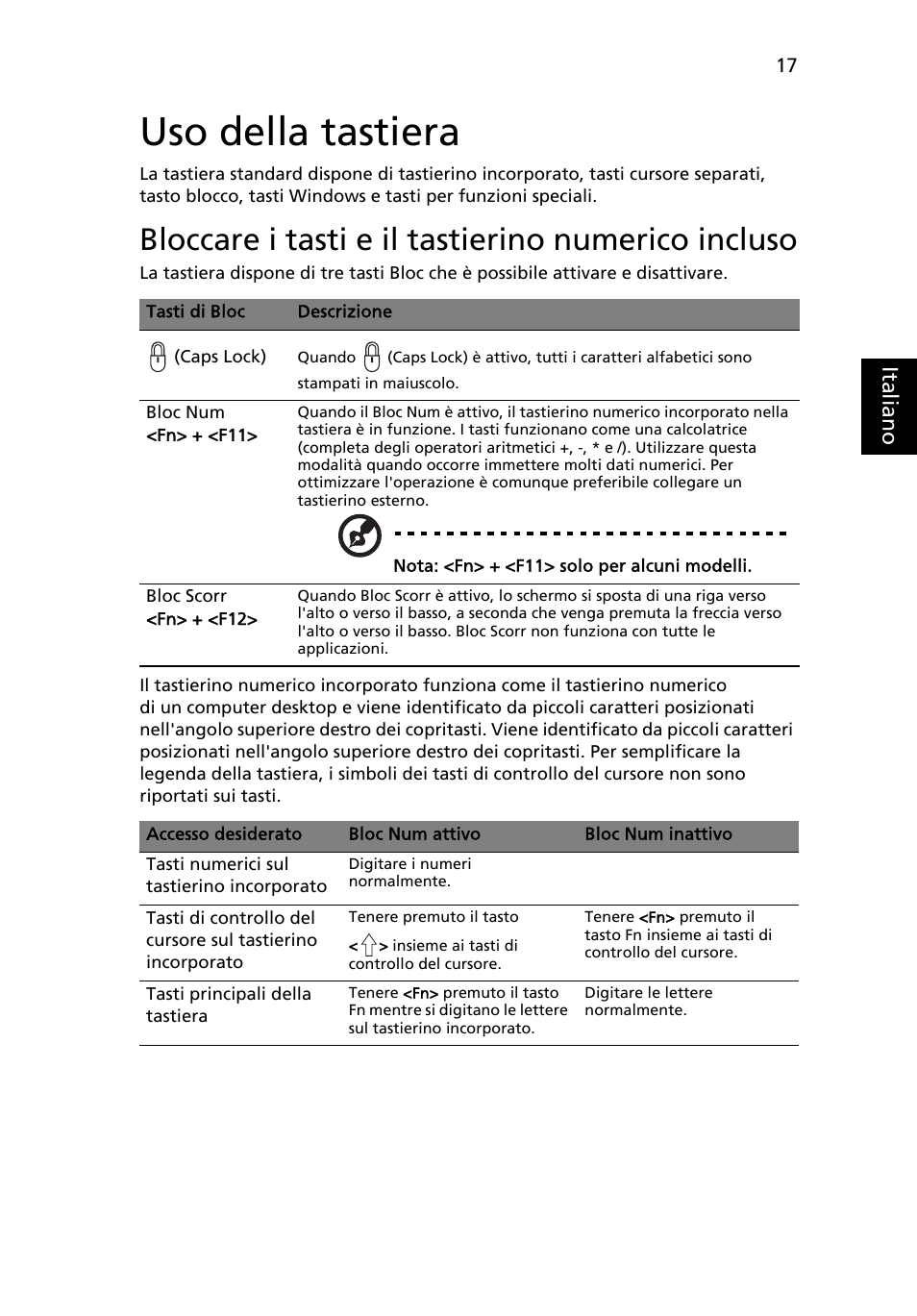 Uso della tastiera, Bloccare i tasti e il tastierino numerico incluso, Ital ia no | Acer Aspire One AO722 User Manual | Page 229 / 1810