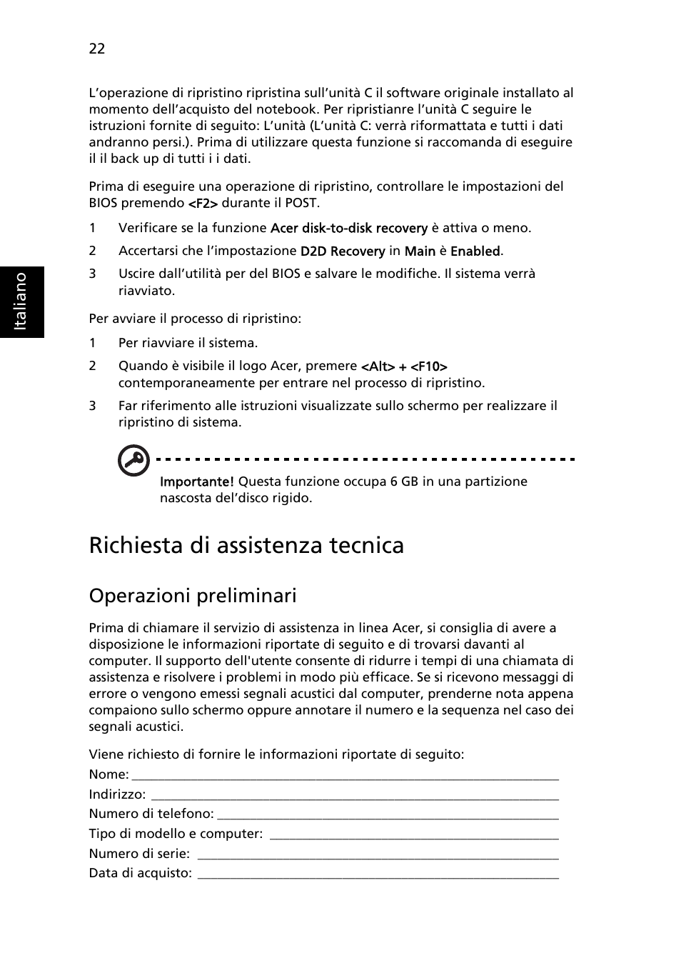 Richiesta di assistenza tecnica, Operazioni preliminari | Acer Aspire One AO722 User Manual | Page 234 / 1810