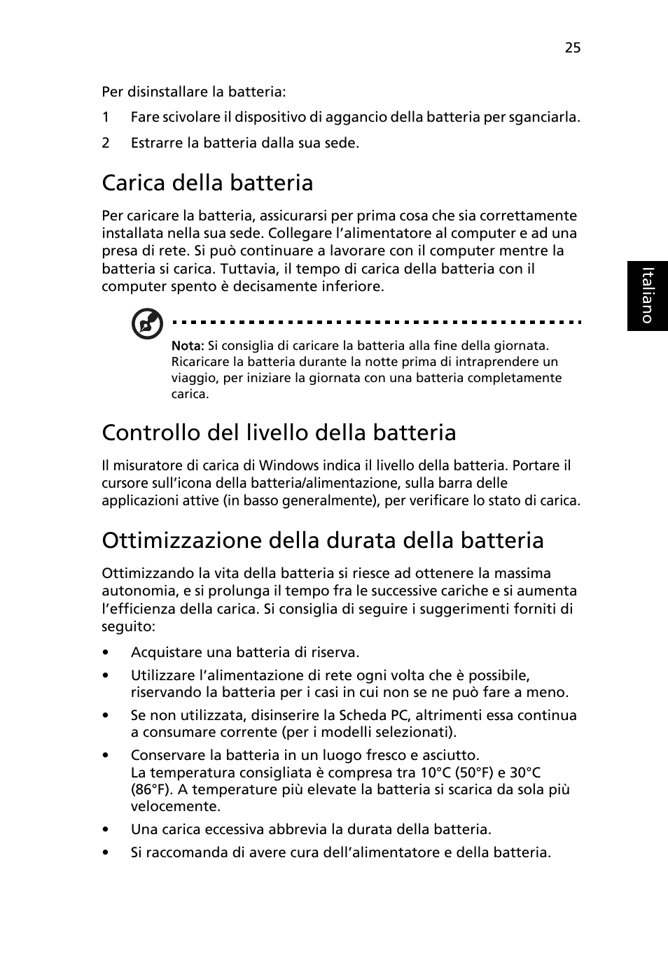 Carica della batteria, Controllo del livello della batteria, Ottimizzazione della durata della batteria | Acer Aspire One AO722 User Manual | Page 237 / 1810