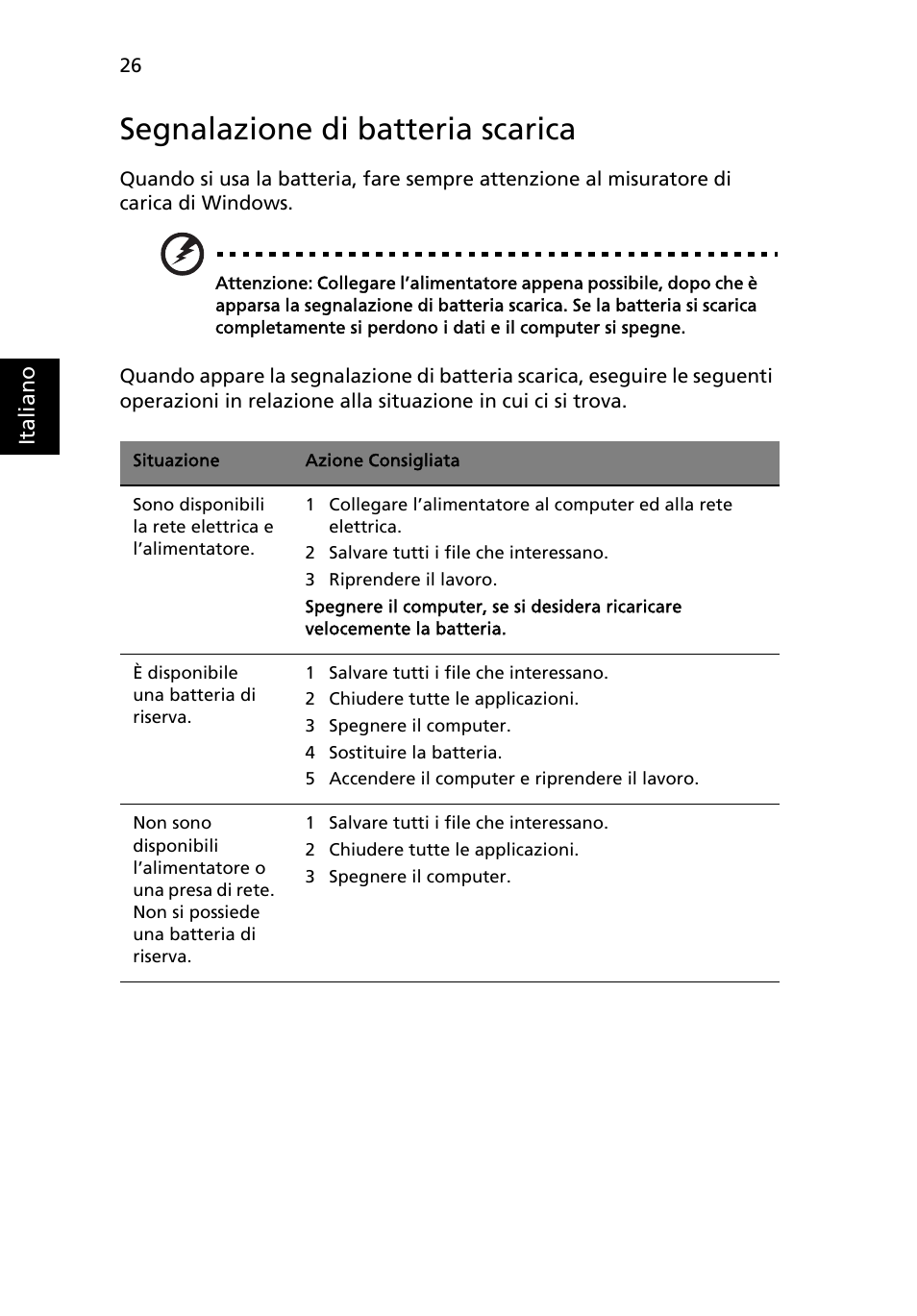Segnalazione di batteria scarica | Acer Aspire One AO722 User Manual | Page 238 / 1810