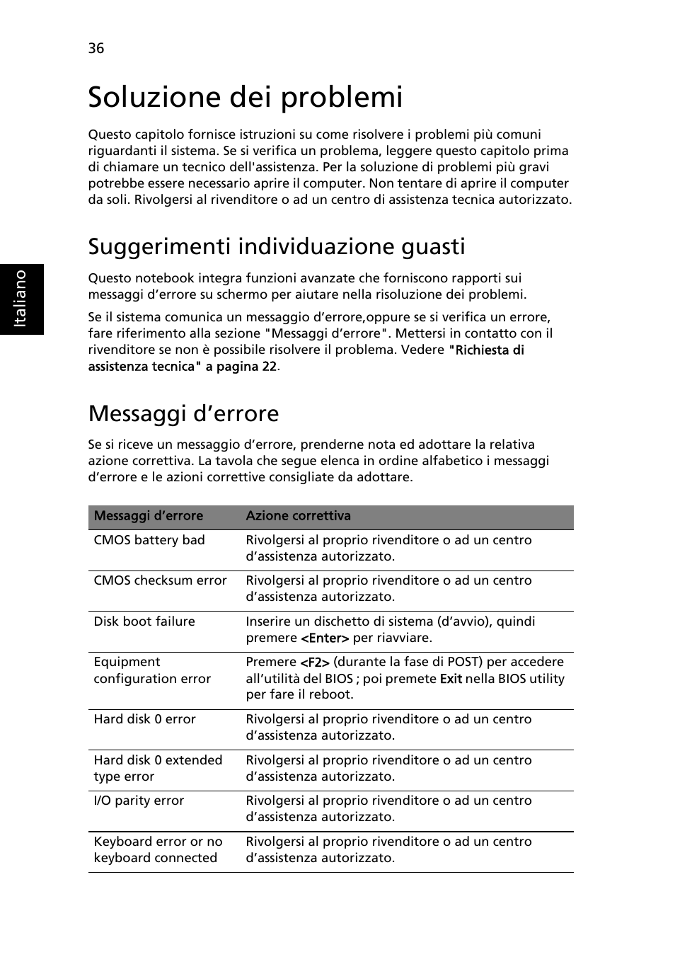 Soluzione dei problemi, Suggerimenti individuazione guasti, Messaggi d’errore | Acer Aspire One AO722 User Manual | Page 248 / 1810