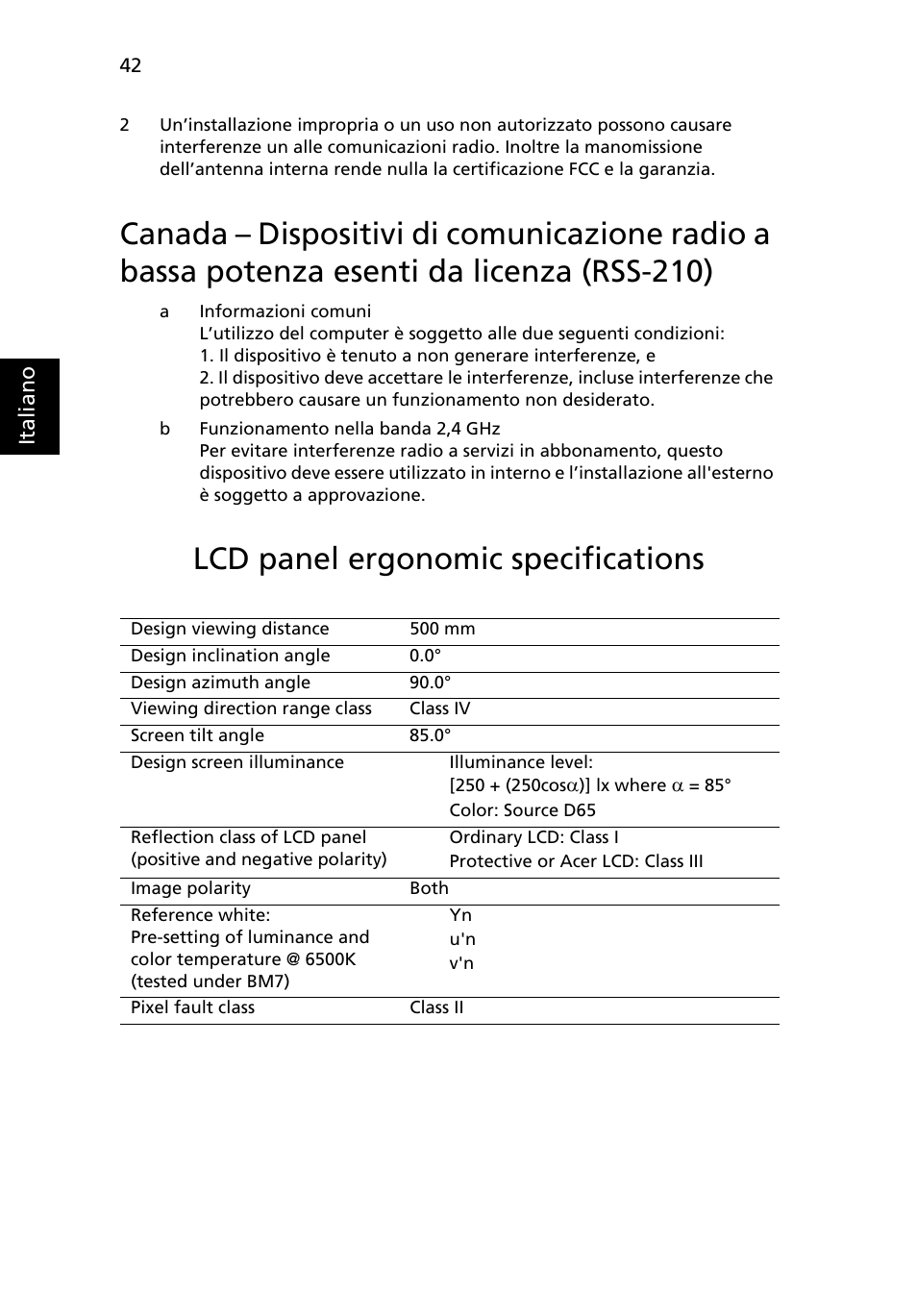 Lcd panel ergonomic specifications, Potenza esenti da licenza (rss-210) | Acer Aspire One AO722 User Manual | Page 254 / 1810