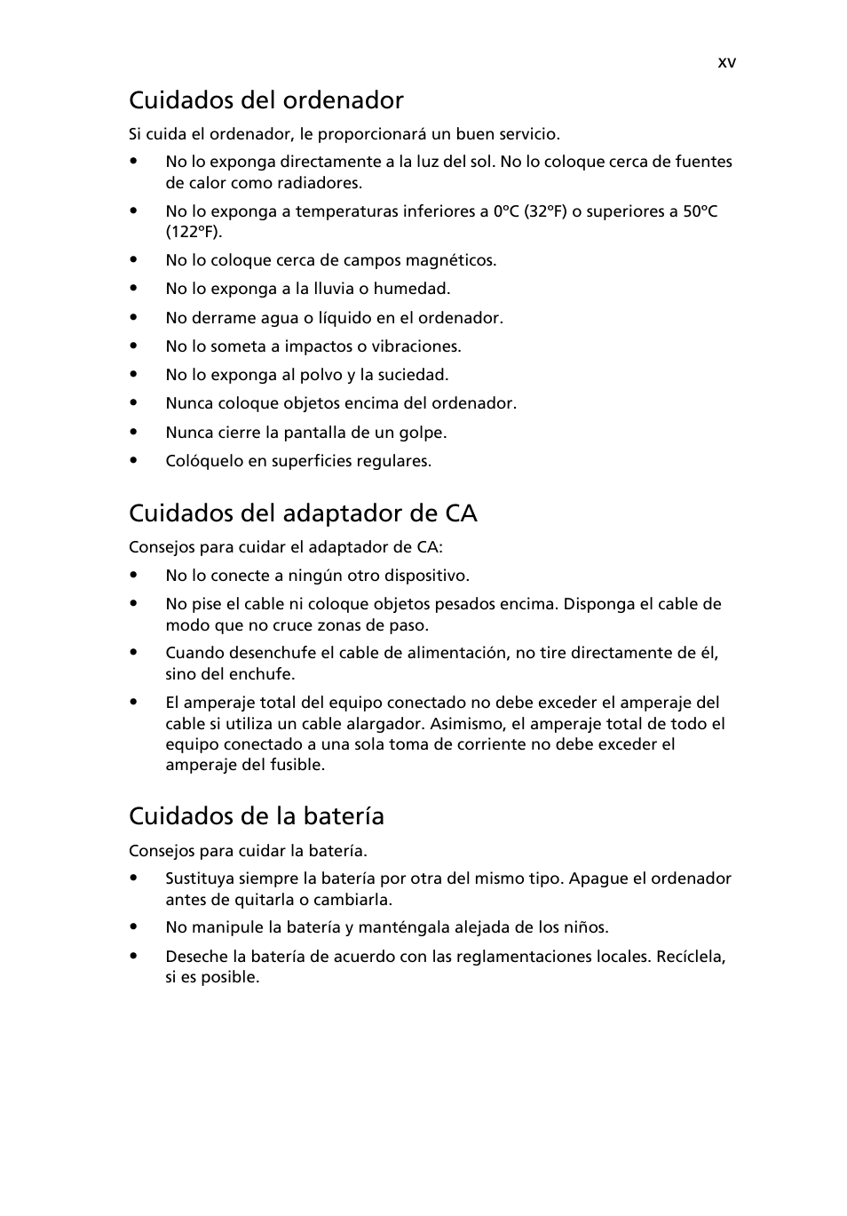 Cuidados del ordenador, Cuidados del adaptador de ca, Cuidados de la batería | Acer Aspire One AO722 User Manual | Page 269 / 1810