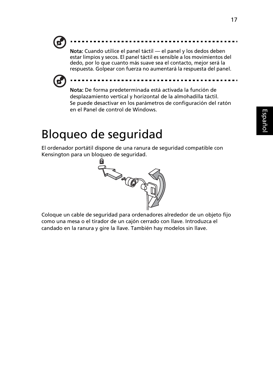 Bloqueo de seguridad | Acer Aspire One AO722 User Manual | Page 291 / 1810