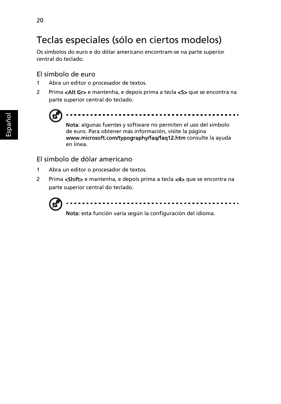 Teclas especiales (sólo en ciertos modelos) | Acer Aspire One AO722 User Manual | Page 294 / 1810