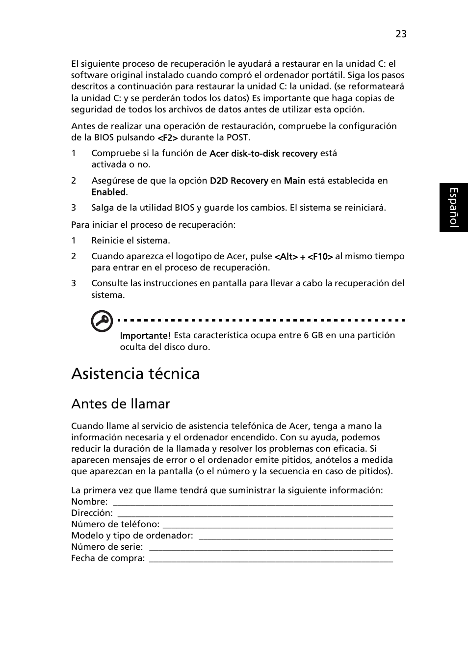 Asistencia técnica, Antes de llamar | Acer Aspire One AO722 User Manual | Page 297 / 1810