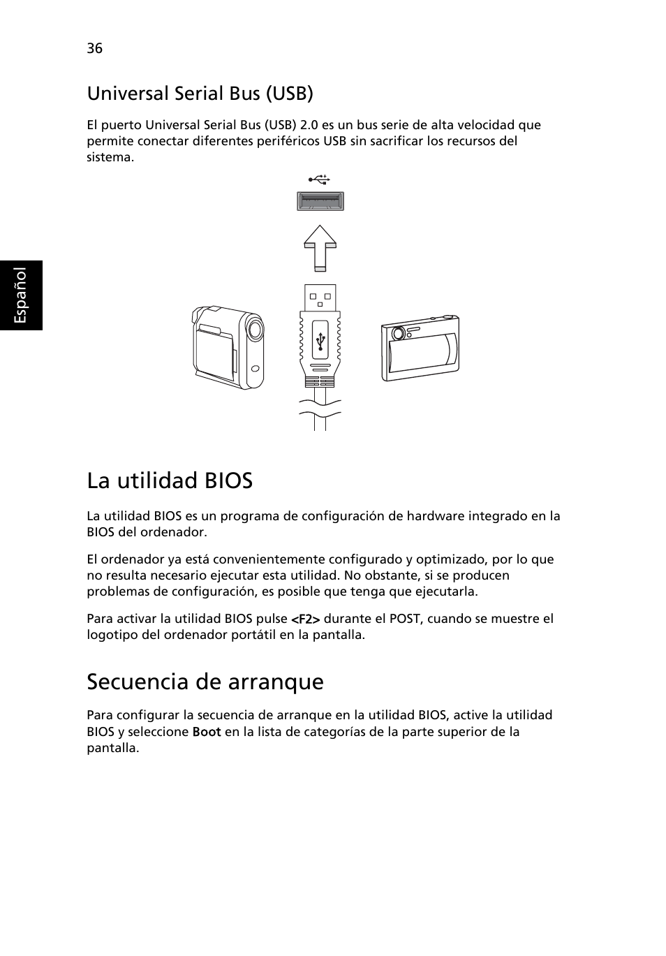 La utilidad bios, Universal serial bus (usb), Secuencia de arranque | Acer Aspire One AO722 User Manual | Page 310 / 1810