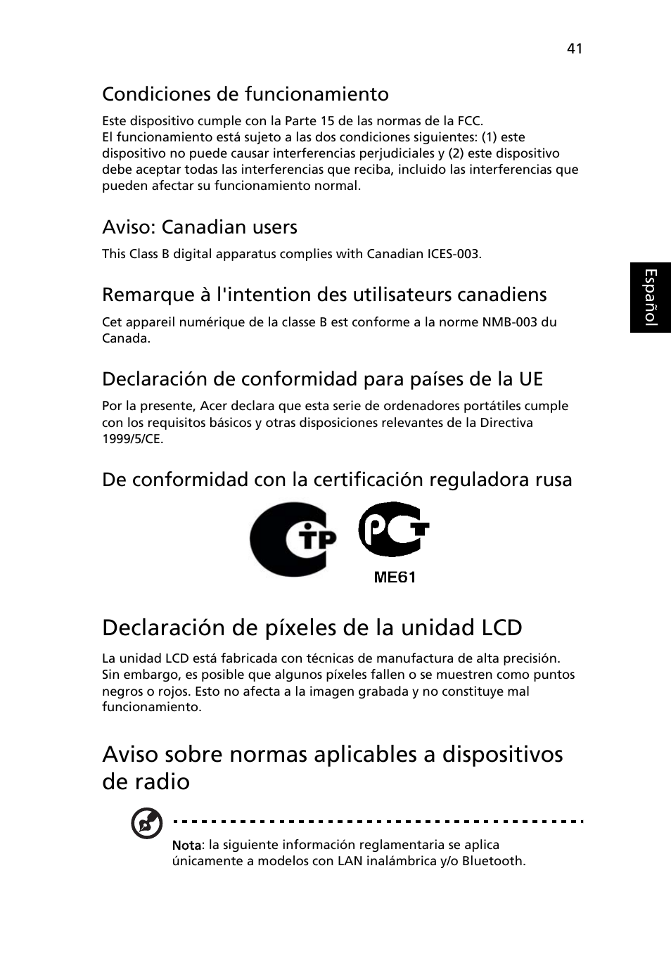 Declaración de píxeles de la unidad lcd, Condiciones de funcionamiento, Aviso: canadian users | Remarque à l'intention des utilisateurs canadiens, Declaración de conformidad para países de la ue | Acer Aspire One AO722 User Manual | Page 315 / 1810