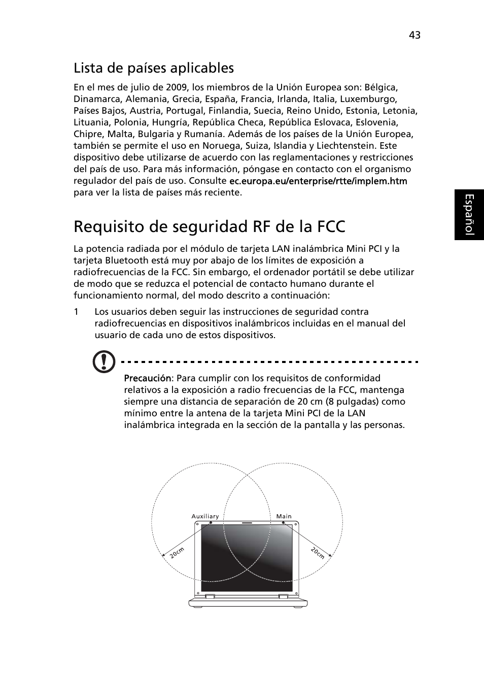 Requisito de seguridad rf de la fcc, Lista de países aplicables | Acer Aspire One AO722 User Manual | Page 317 / 1810