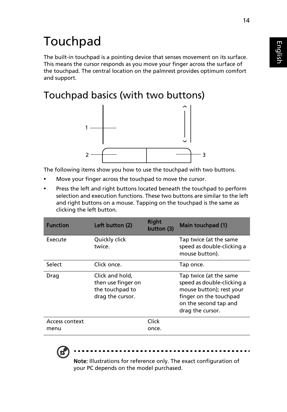 Touchpad, Touchpad basics (with two buttons) | Acer Aspire One AO722 User Manual | Page 33 / 1810