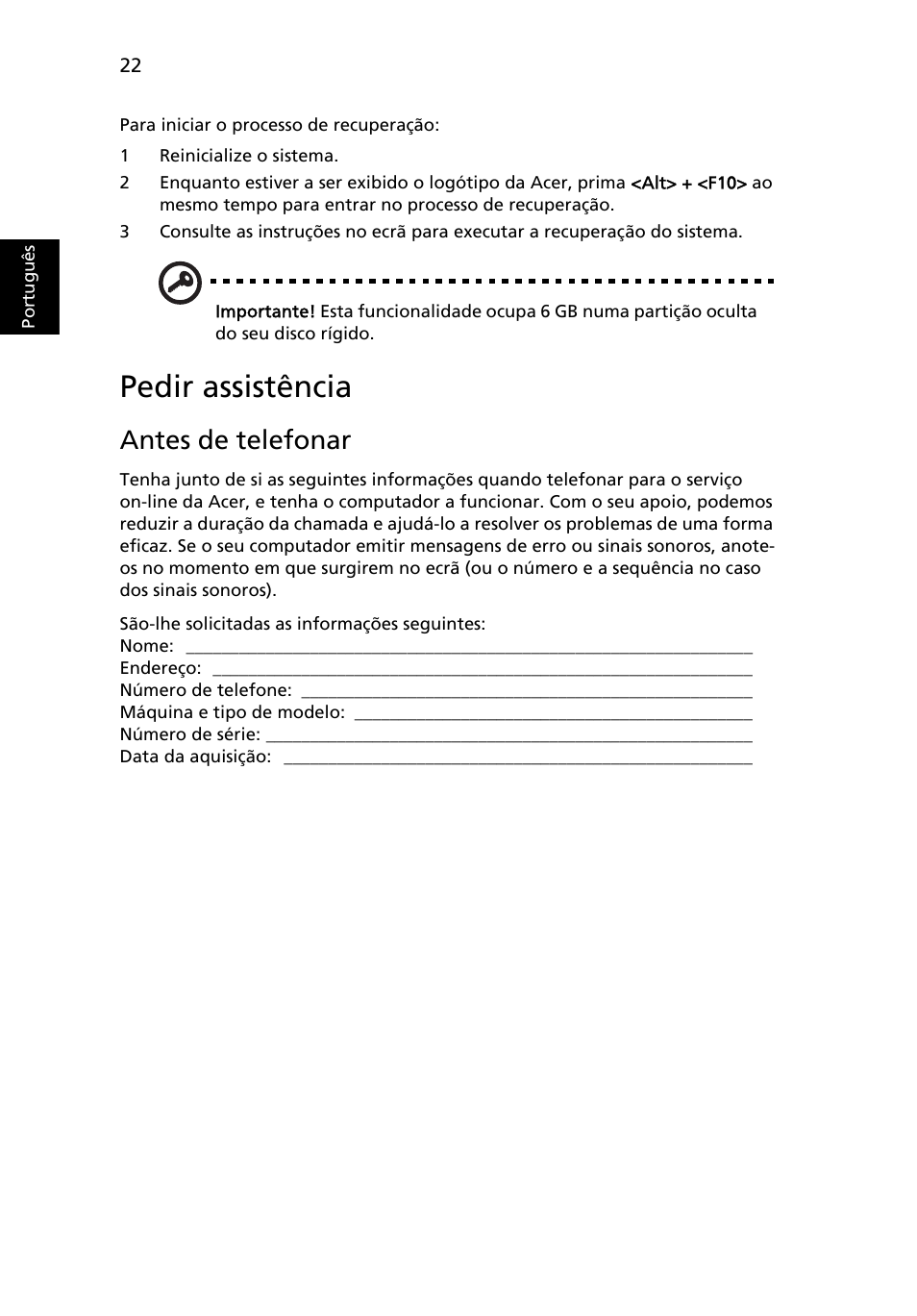 Pedir assistência, Antes de telefonar | Acer Aspire One AO722 User Manual | Page 362 / 1810