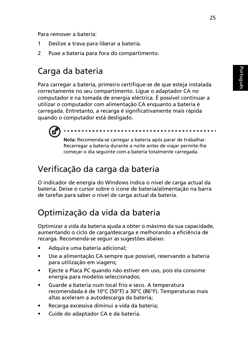 Carga da bateria, Verificação da carga da bateria, Optimização da vida da bateria | Acer Aspire One AO722 User Manual | Page 365 / 1810