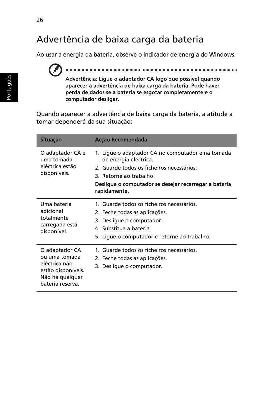 Advertência de baixa carga da bateria | Acer Aspire One AO722 User Manual | Page 366 / 1810