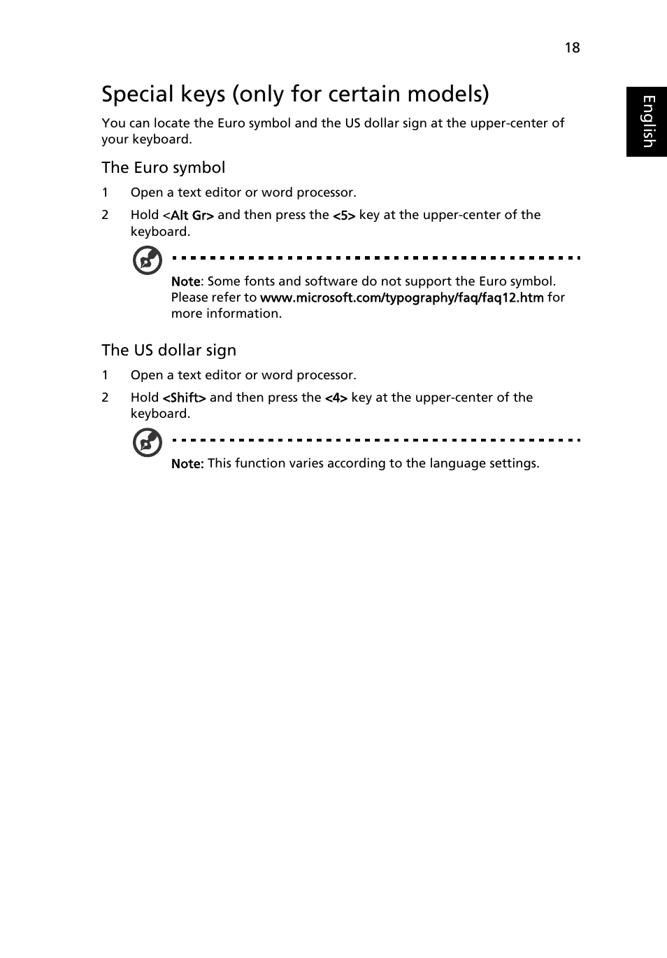 Special keys (only for certain models) | Acer Aspire One AO722 User Manual | Page 37 / 1810