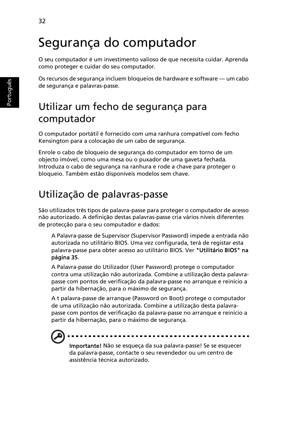 Segurança do computador, Utilizar um fecho de segurança para computador, Utilização de palavras-passe | Acer Aspire One AO722 User Manual | Page 372 / 1810