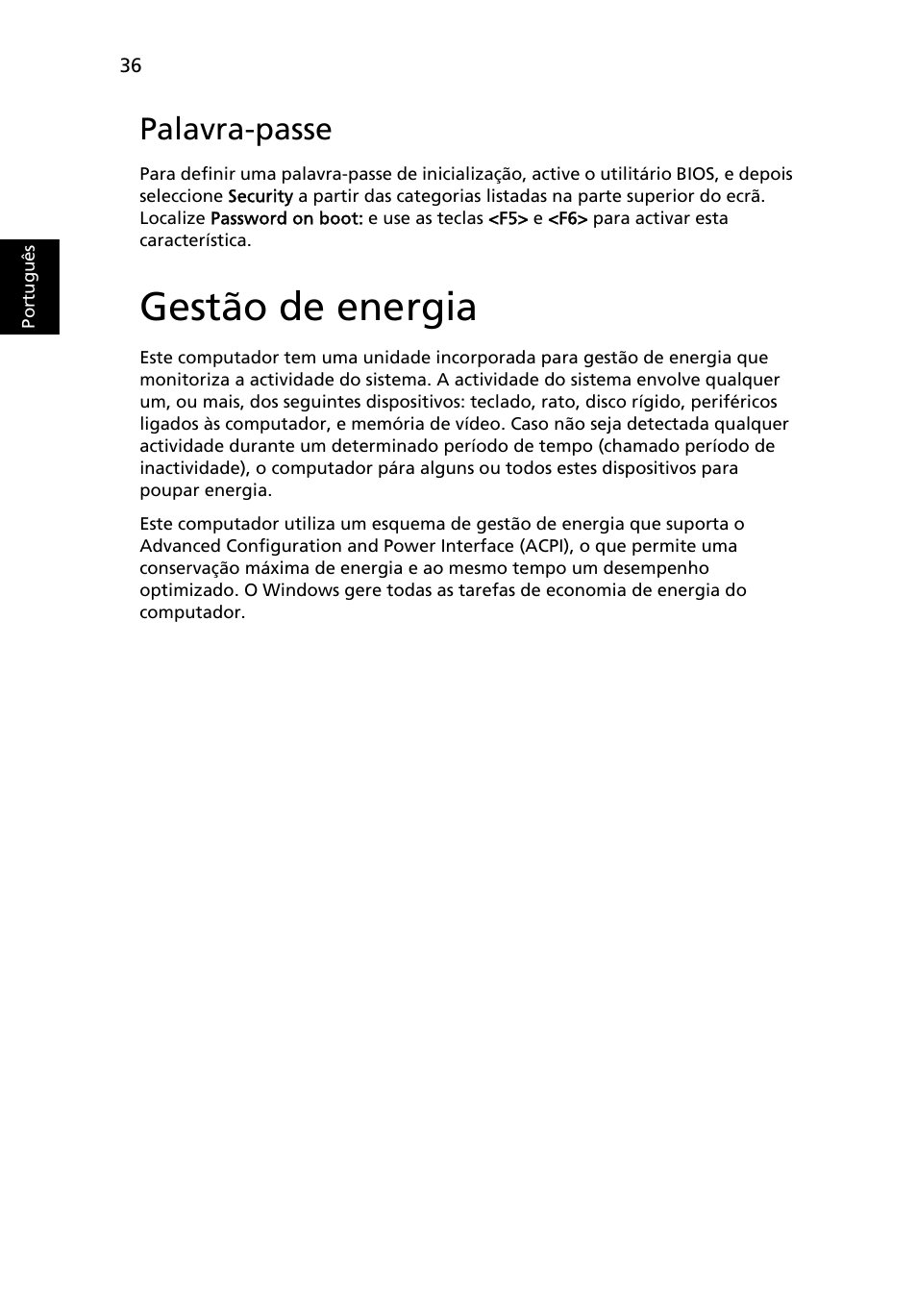 Gestão de energia, Palavra-passe | Acer Aspire One AO722 User Manual | Page 376 / 1810