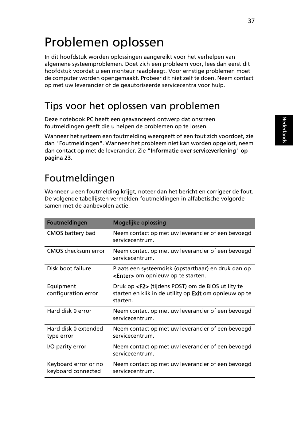 Problemen oplossen, Tips voor het oplossen van problemen, Foutmeldingen | Acer Aspire One AO722 User Manual | Page 441 / 1810