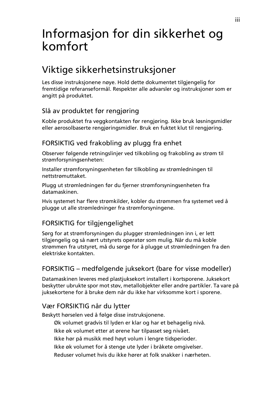 Informasjon for din sikkerhet og komfort, Viktige sikkerhetsinstruksjoner | Acer Aspire One AO722 User Manual | Page 451 / 1810