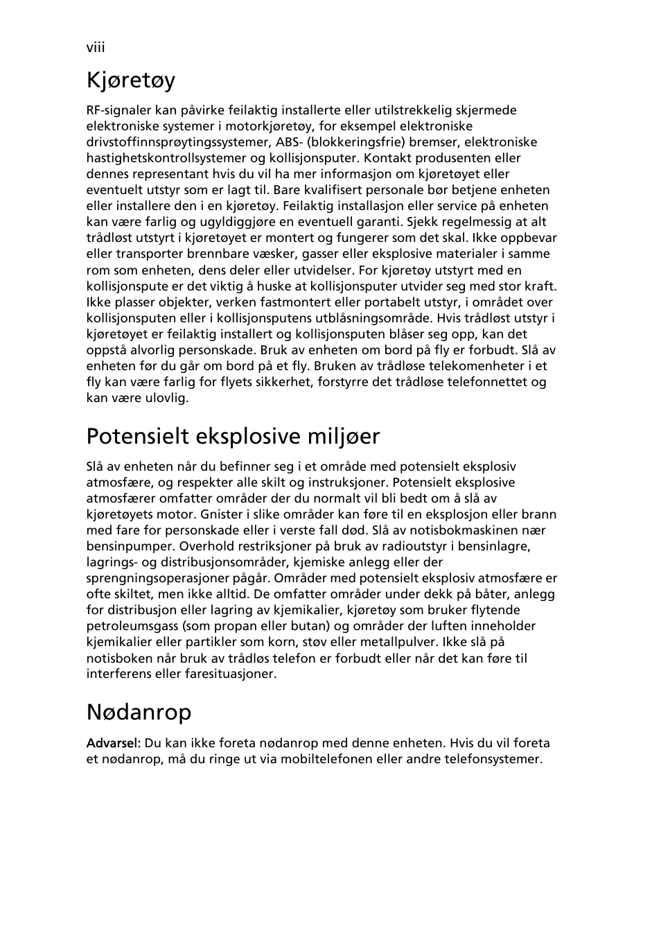 Kjøretøy, Potensielt eksplosive miljøer, Nødanrop | Acer Aspire One AO722 User Manual | Page 456 / 1810