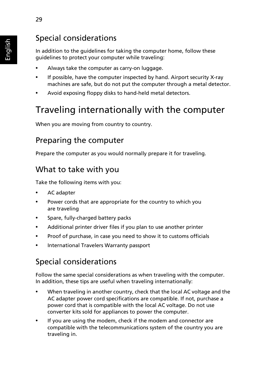 Traveling internationally with the computer, Special considerations, Preparing the computer | What to take with you | Acer Aspire One AO722 User Manual | Page 48 / 1810