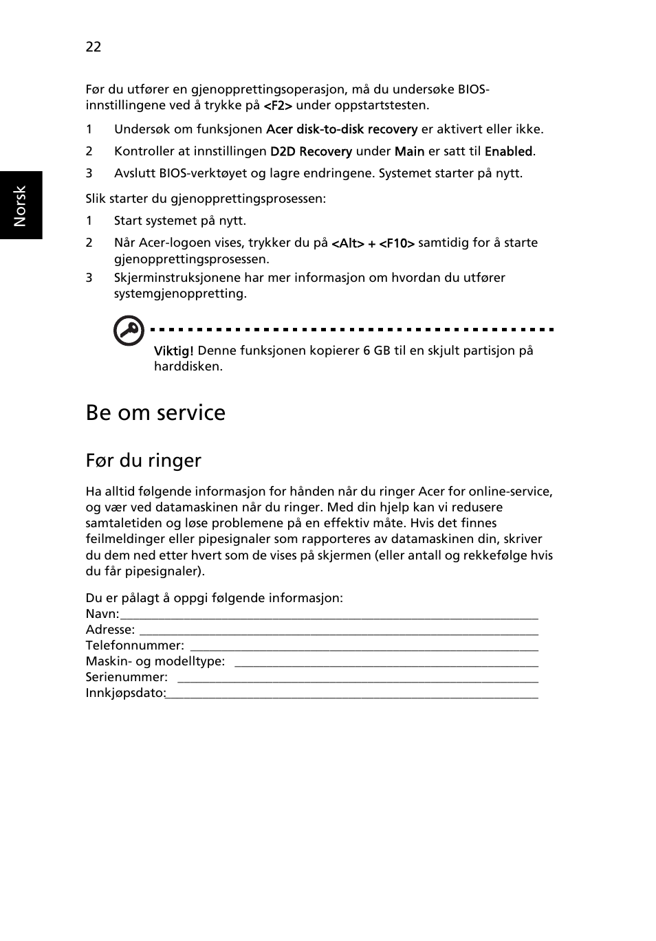 Be om service, Før du ringer | Acer Aspire One AO722 User Manual | Page 488 / 1810