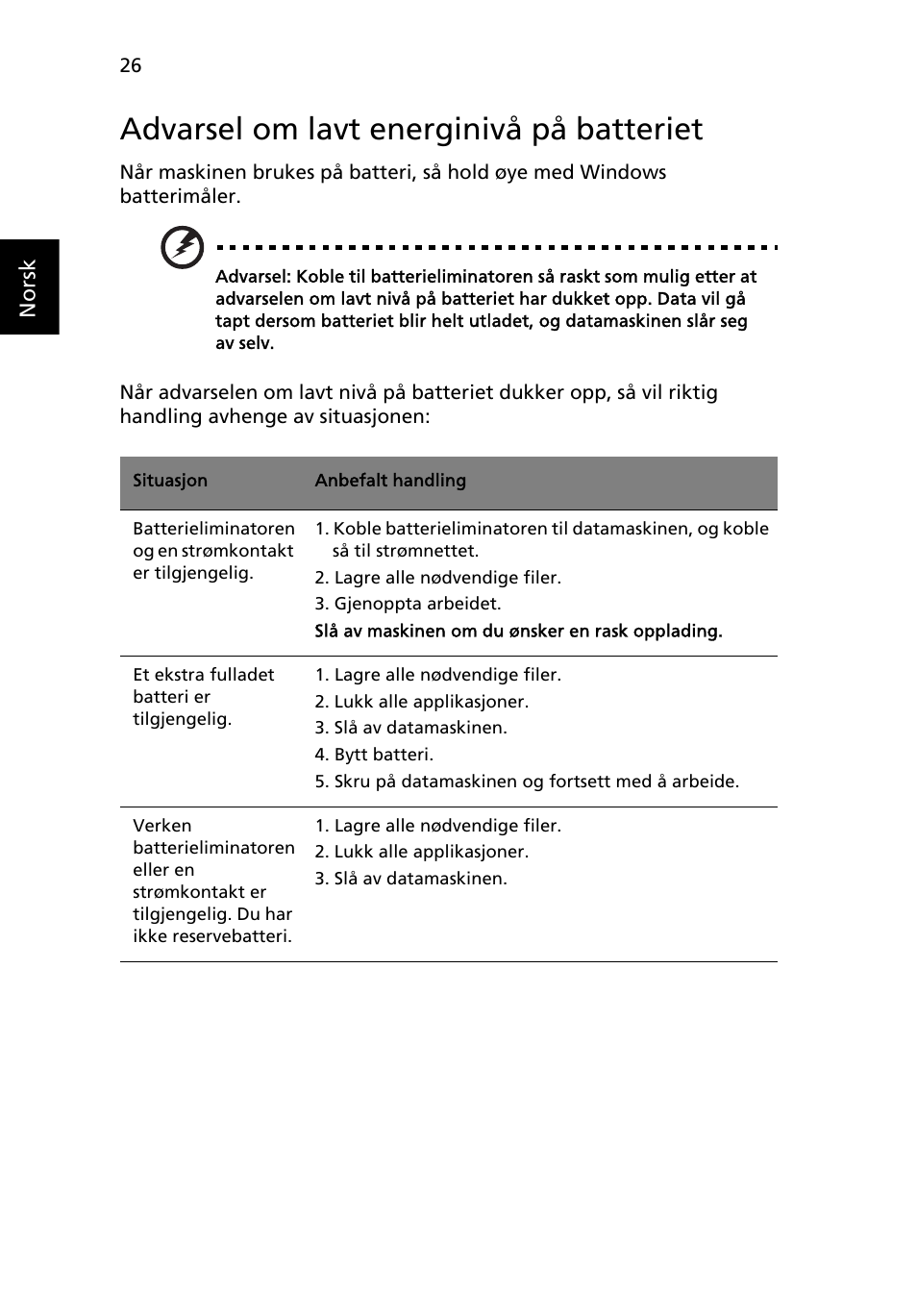 Advarsel om lavt energinivå på batteriet | Acer Aspire One AO722 User Manual | Page 492 / 1810