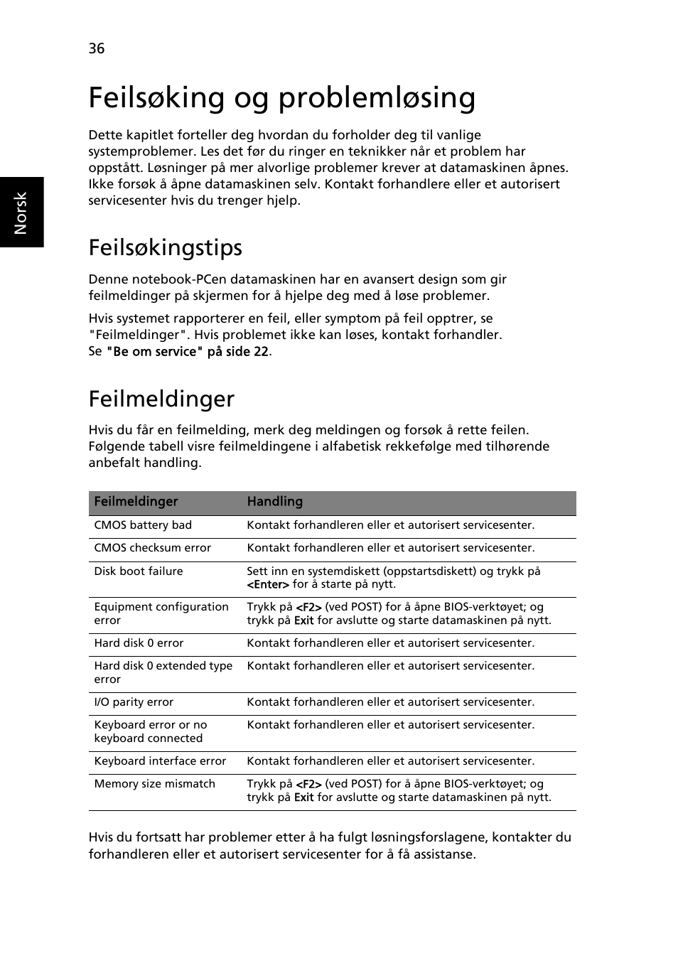 Feilsøking og problemløsing, Feilsøkingstips, Feilmeldinger | Norsk | Acer Aspire One AO722 User Manual | Page 502 / 1810