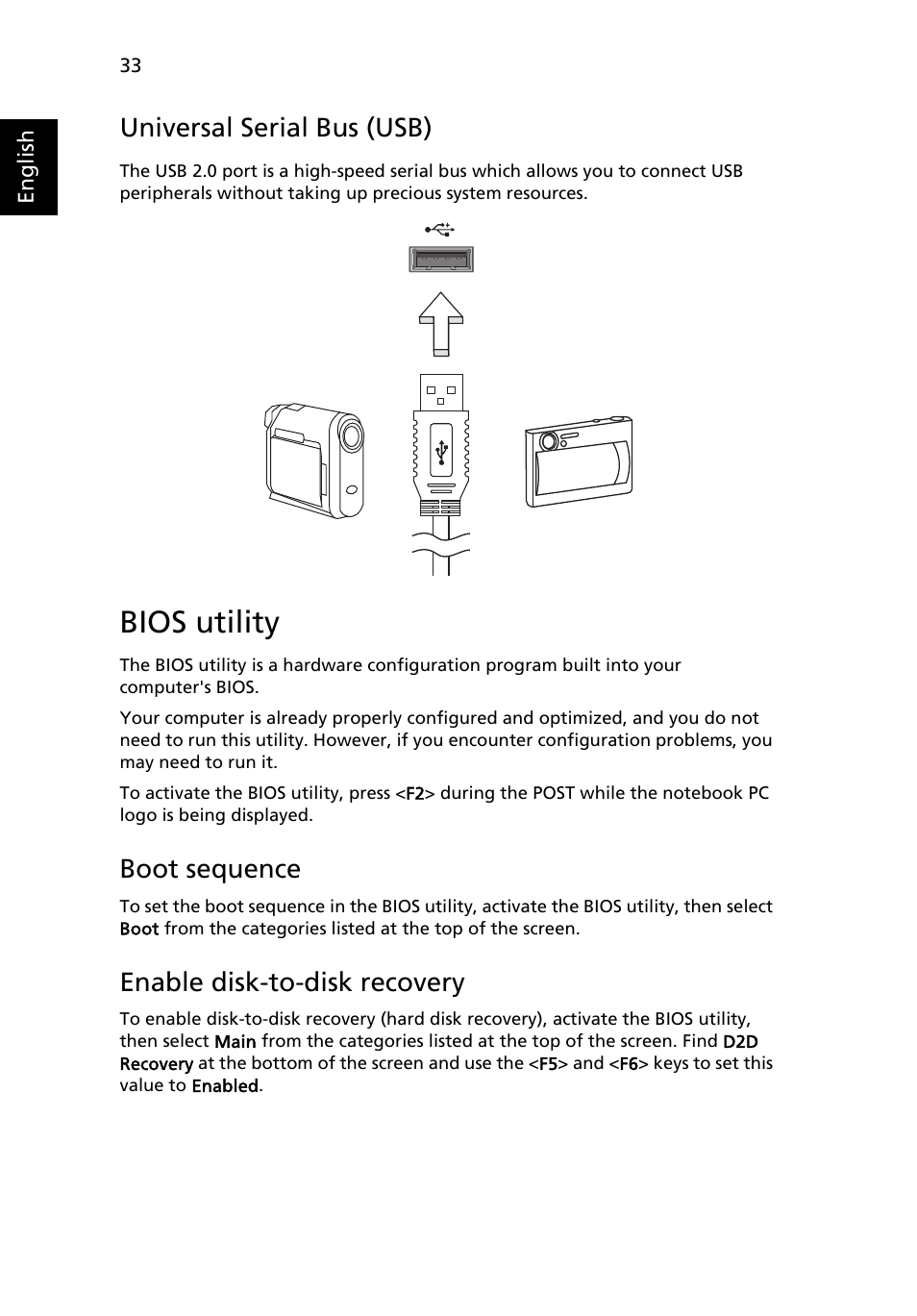 Bios utility, Universal serial bus (usb), Boot sequence | Enable disk-to-disk recovery | Acer Aspire One AO722 User Manual | Page 52 / 1810