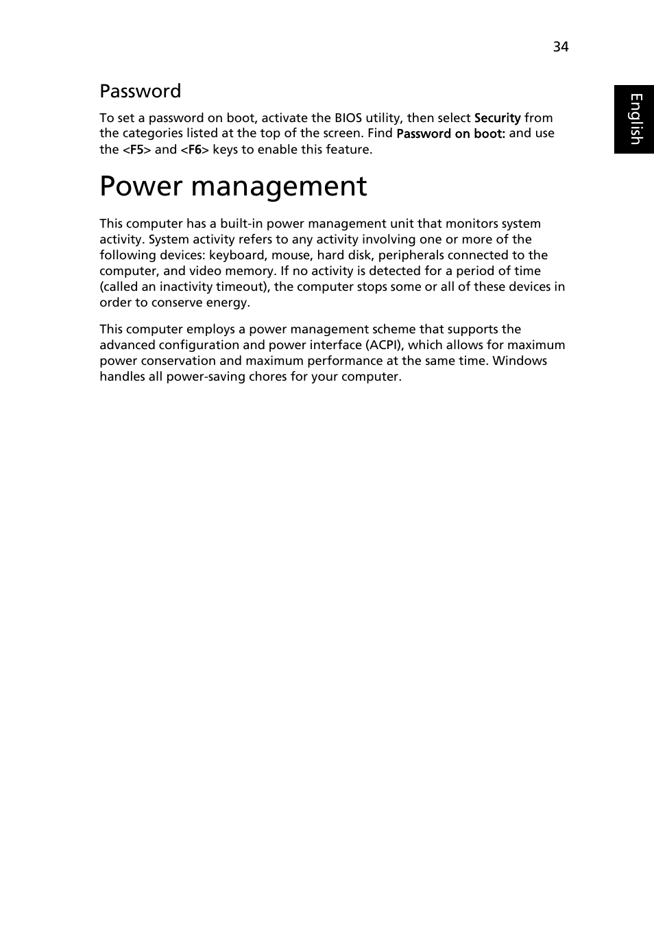 Power management, Password | Acer Aspire One AO722 User Manual | Page 53 / 1810