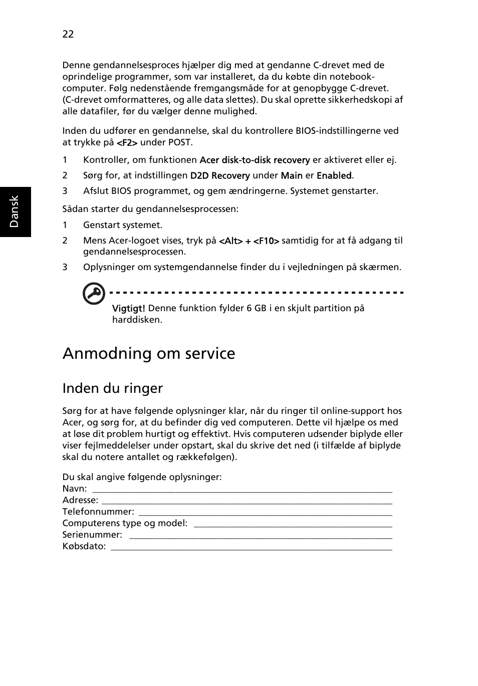 Anmodning om service, Inden du ringer | Acer Aspire One AO722 User Manual | Page 548 / 1810