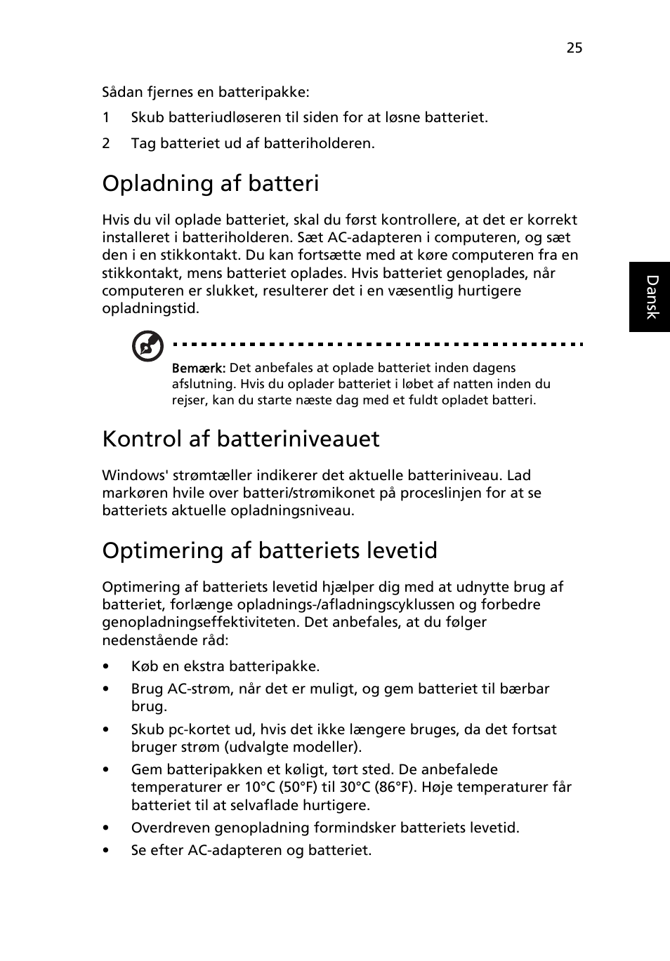 Opladning af batteri, Kontrol af batteriniveauet, Optimering af batteriets levetid | Acer Aspire One AO722 User Manual | Page 551 / 1810