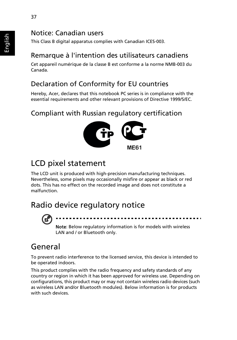 Lcd pixel statement, Radio device regulatory notice, General | Notice: canadian users, Remarque à l'intention des utilisateurs canadiens, Declaration of conformity for eu countries, Compliant with russian regulatory certification | Acer Aspire One AO722 User Manual | Page 56 / 1810