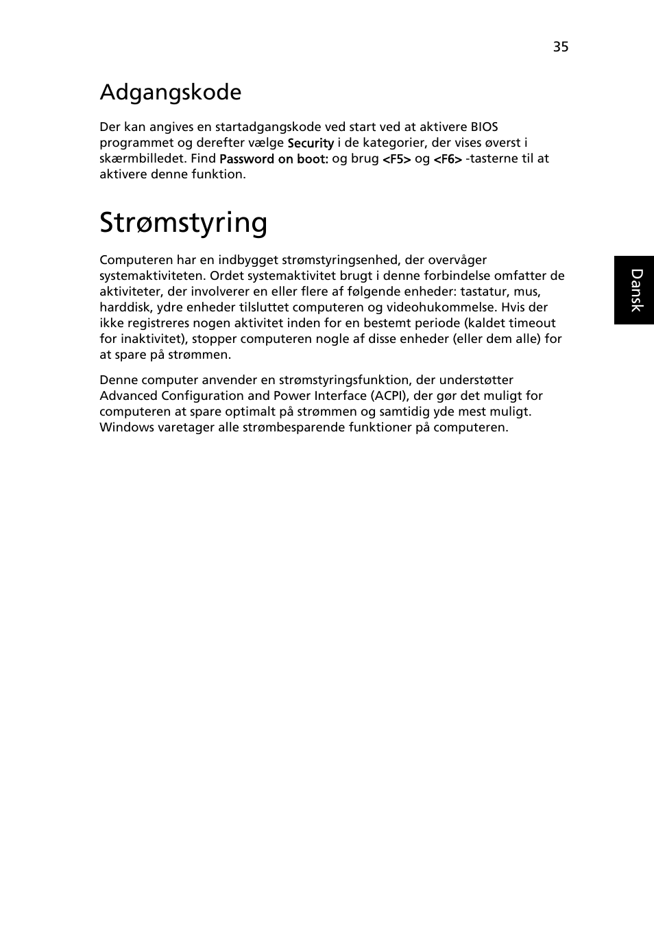 Strømstyring, Adgangskode | Acer Aspire One AO722 User Manual | Page 561 / 1810