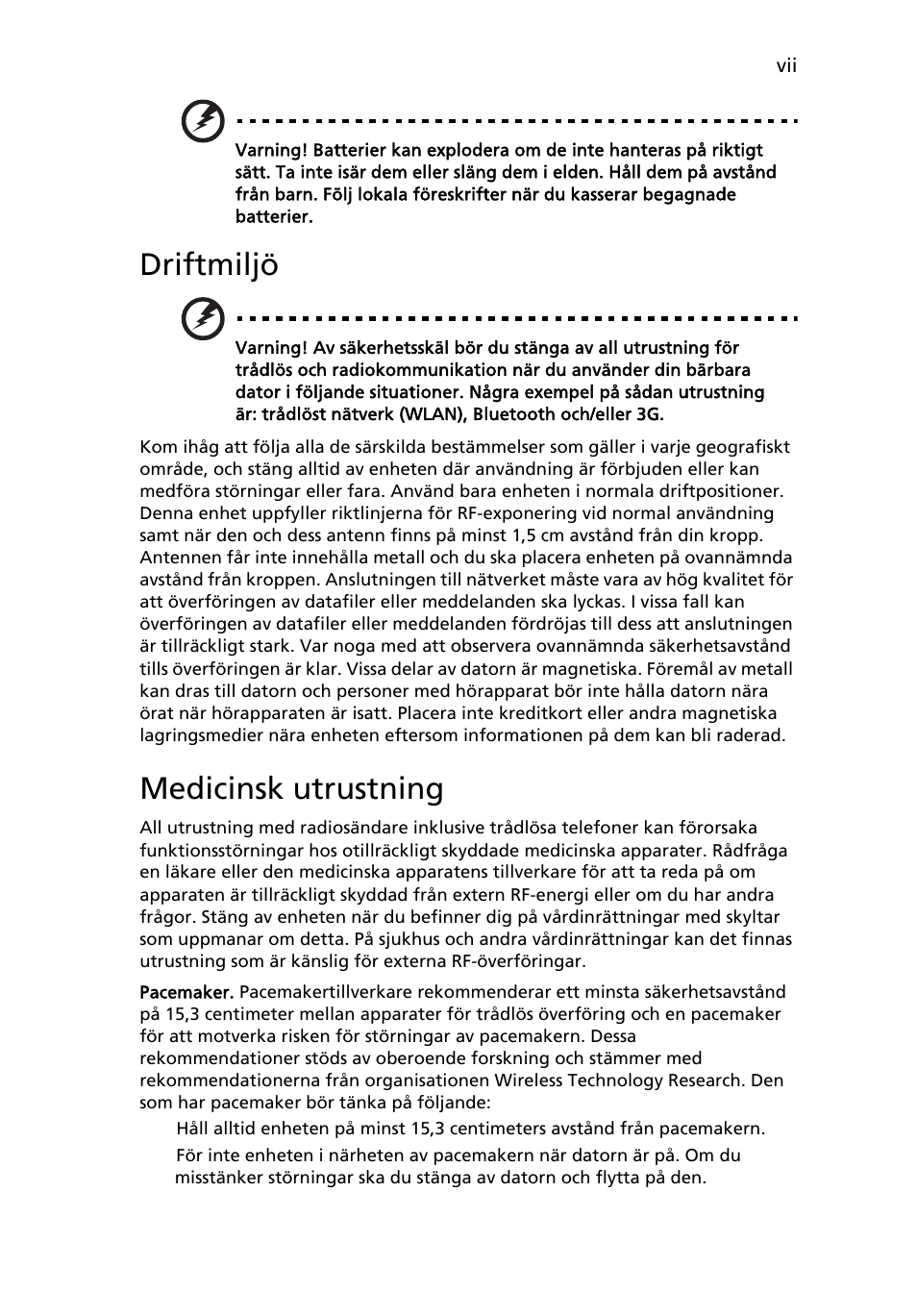 Driftmiljö, Medicinsk utrustning | Acer Aspire One AO722 User Manual | Page 575 / 1810