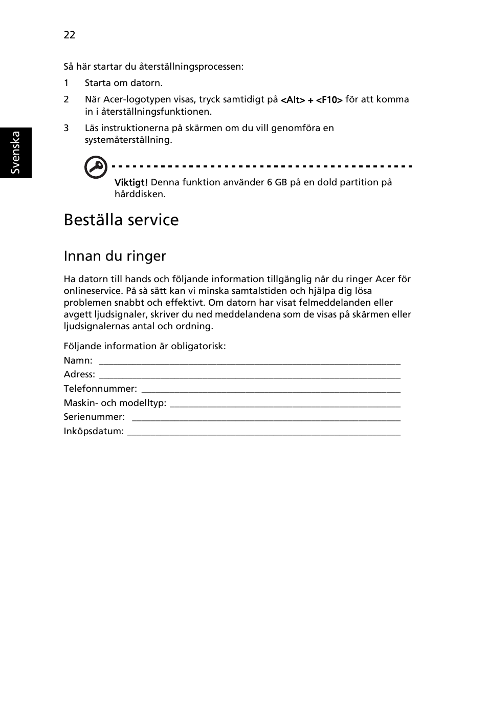 Beställa service, Innan du ringer | Acer Aspire One AO722 User Manual | Page 610 / 1810