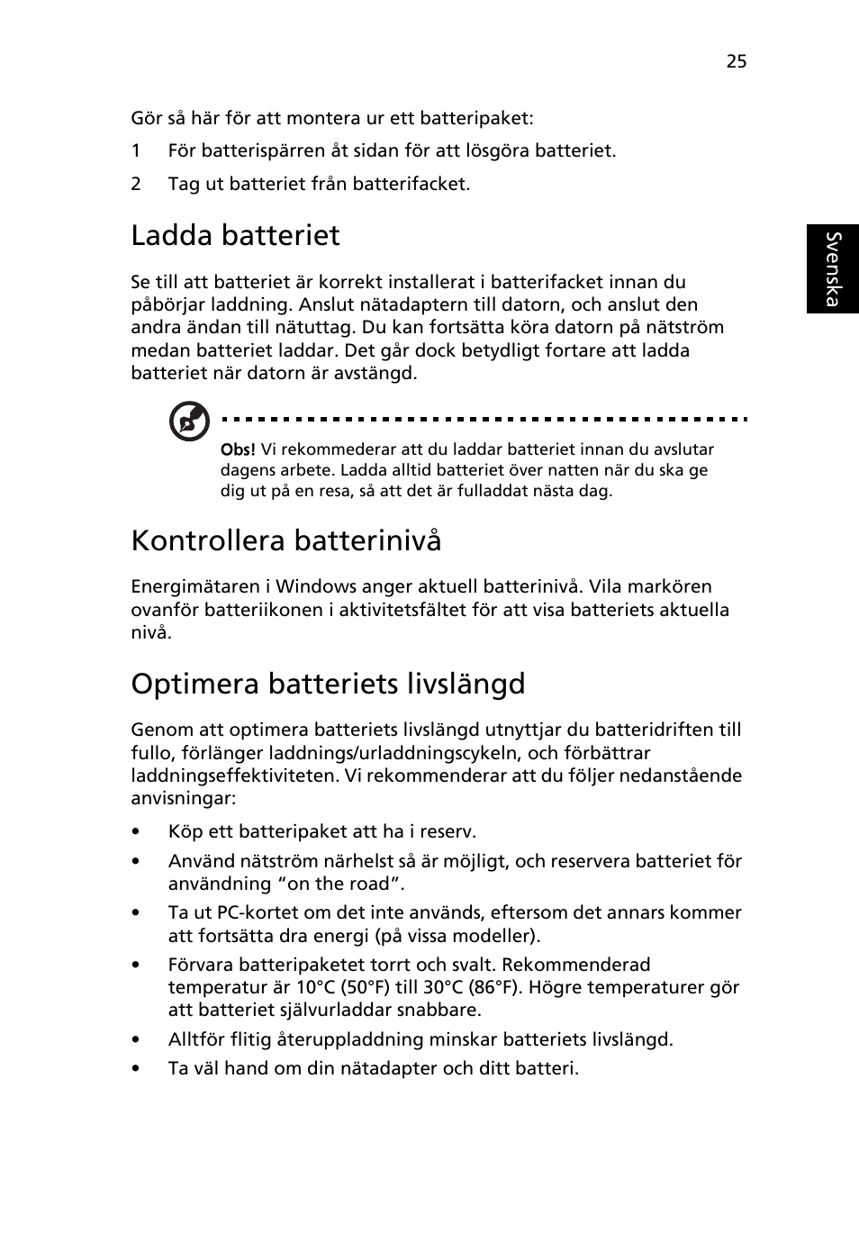 Ladda batteriet, Kontrollera batterinivå, Optimera batteriets livslängd | Acer Aspire One AO722 User Manual | Page 613 / 1810