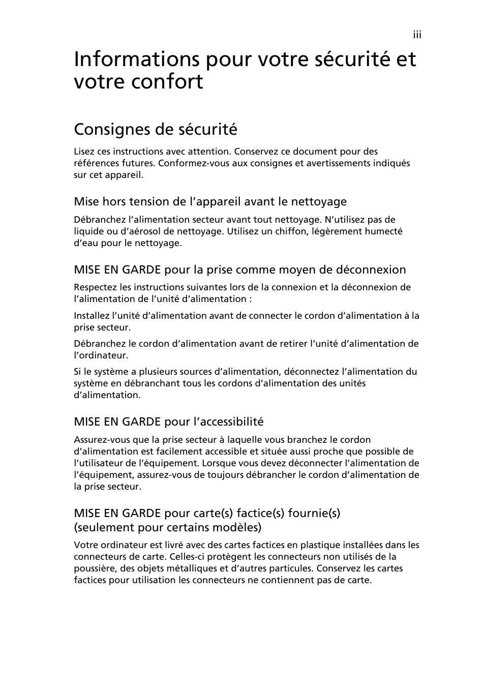 Informations pour votre sécurité et votre confort, Consignes de sécurité | Acer Aspire One AO722 User Manual | Page 63 / 1810