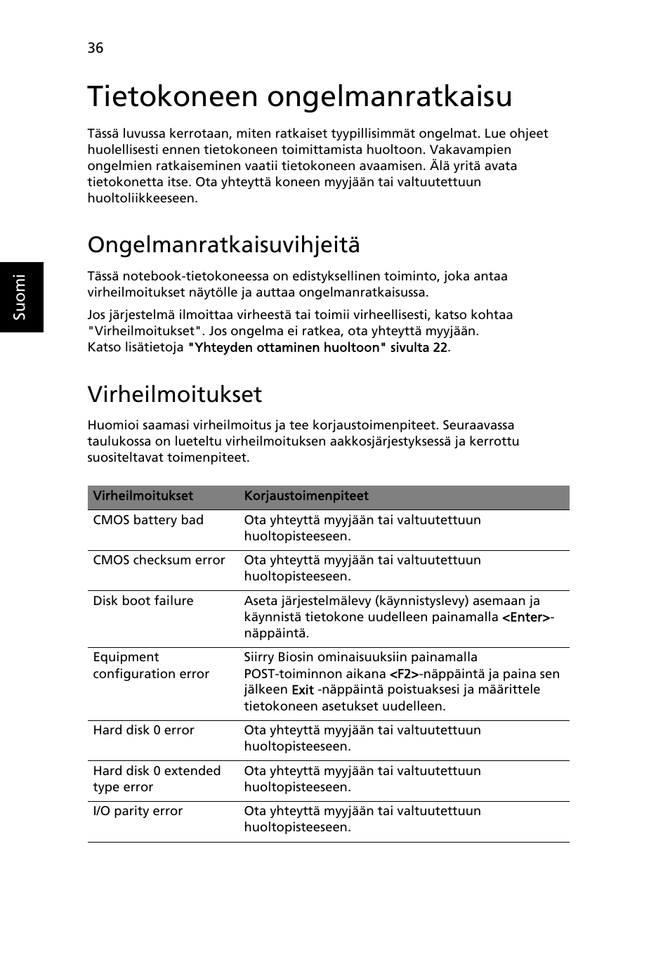 Tietokoneen ongelmanratkaisu, Ongelmanratkaisuvihjeitä, Virheilmoitukset | Acer Aspire One AO722 User Manual | Page 684 / 1810