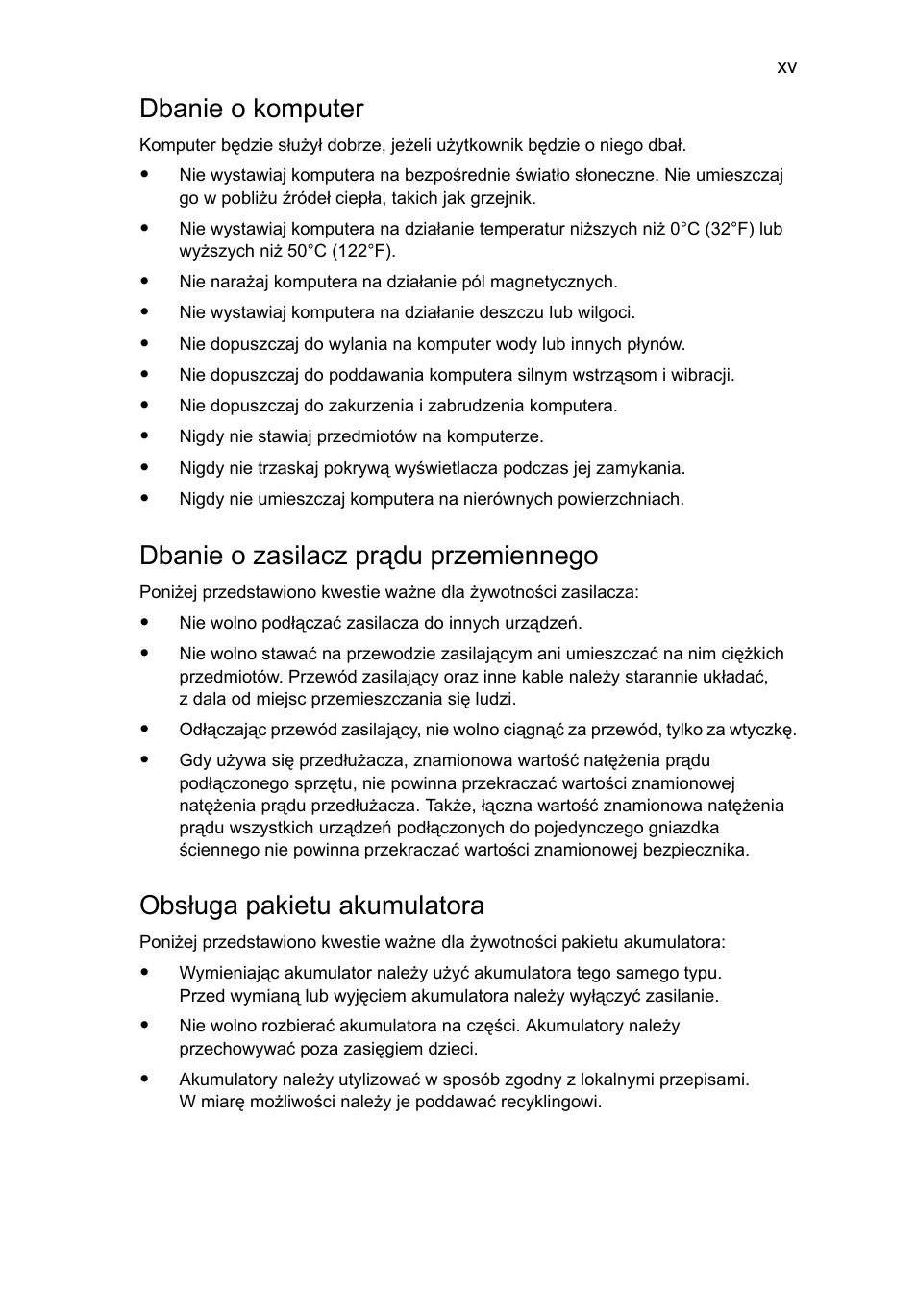 Dbanie o komputer, Dbanie o zasilacz prądu przemiennego, Obsługa pakietu akumulatora | Acer Aspire One AO722 User Manual | Page 773 / 1810