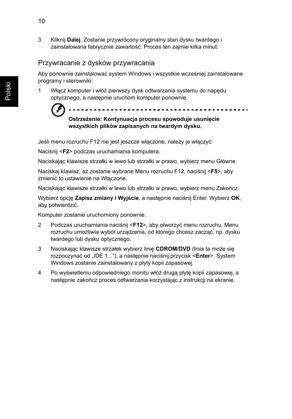 Polski, Przywracanie z dysków przywracania | Acer Aspire One AO722 User Manual | Page 788 / 1810