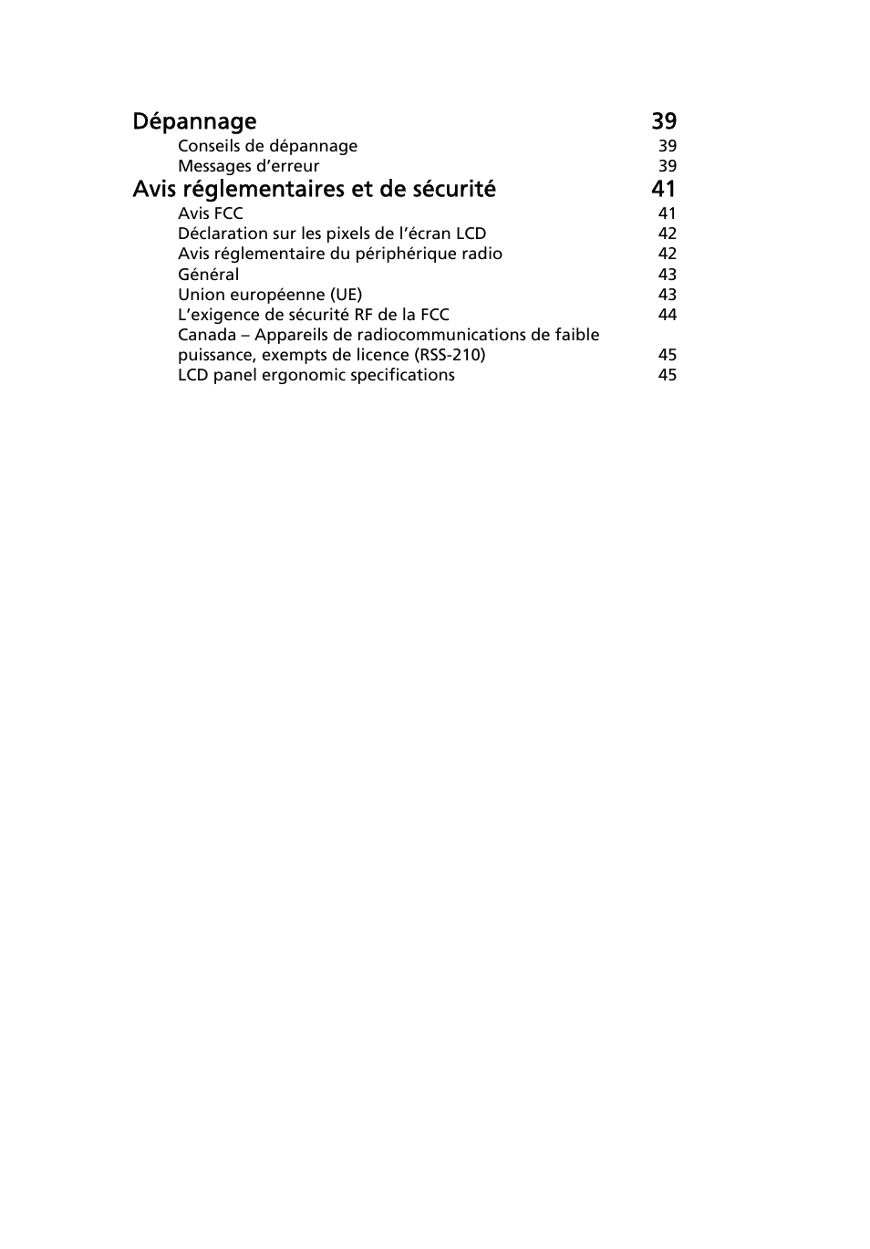 Dépannage 39, Avis réglementaires et de sécurité 41 | Acer Aspire One AO722 User Manual | Page 79 / 1810