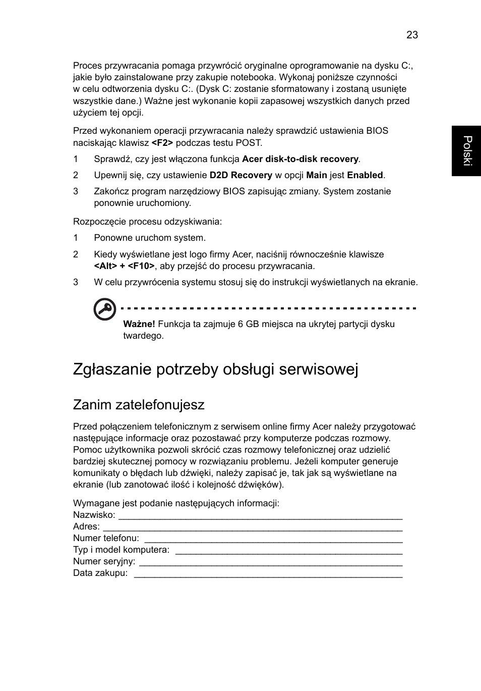 Zgłaszanie potrzeby obsługi serwisowej, Zanim zatelefonujesz | Acer Aspire One AO722 User Manual | Page 801 / 1810