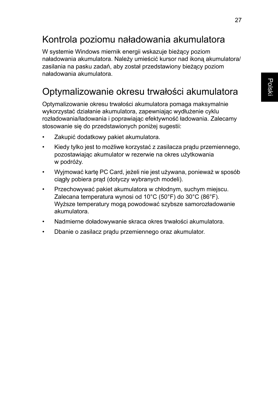 Kontrola poziomu naładowania akumulatora, Optymalizowanie okresu trwałości akumulatora | Acer Aspire One AO722 User Manual | Page 805 / 1810