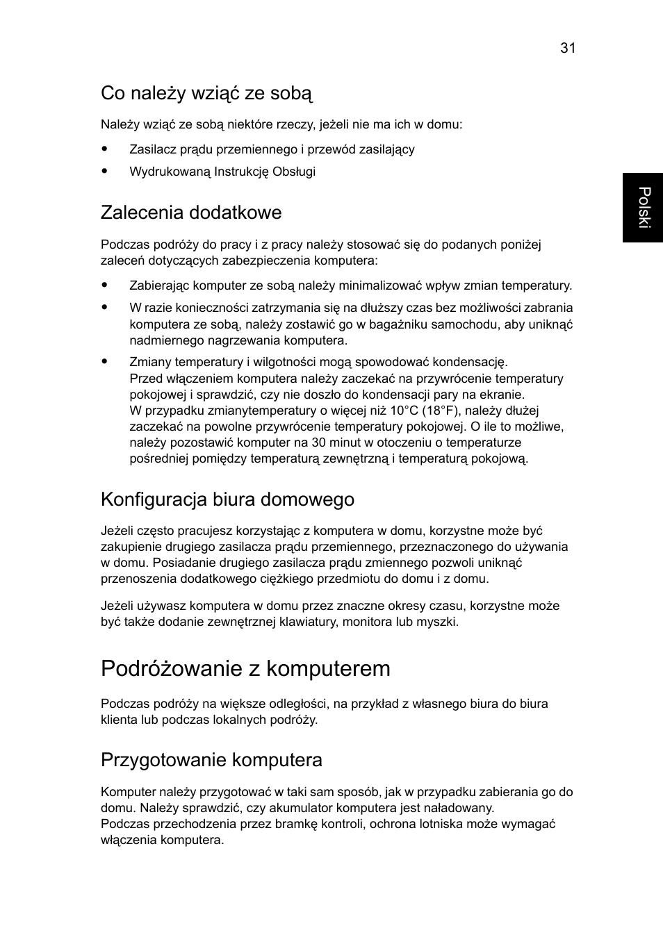 Podróżowanie z komputerem, Co należy wziąć ze sobą, Zalecenia dodatkowe | Konfiguracja biura domowego, Przygotowanie komputera | Acer Aspire One AO722 User Manual | Page 809 / 1810