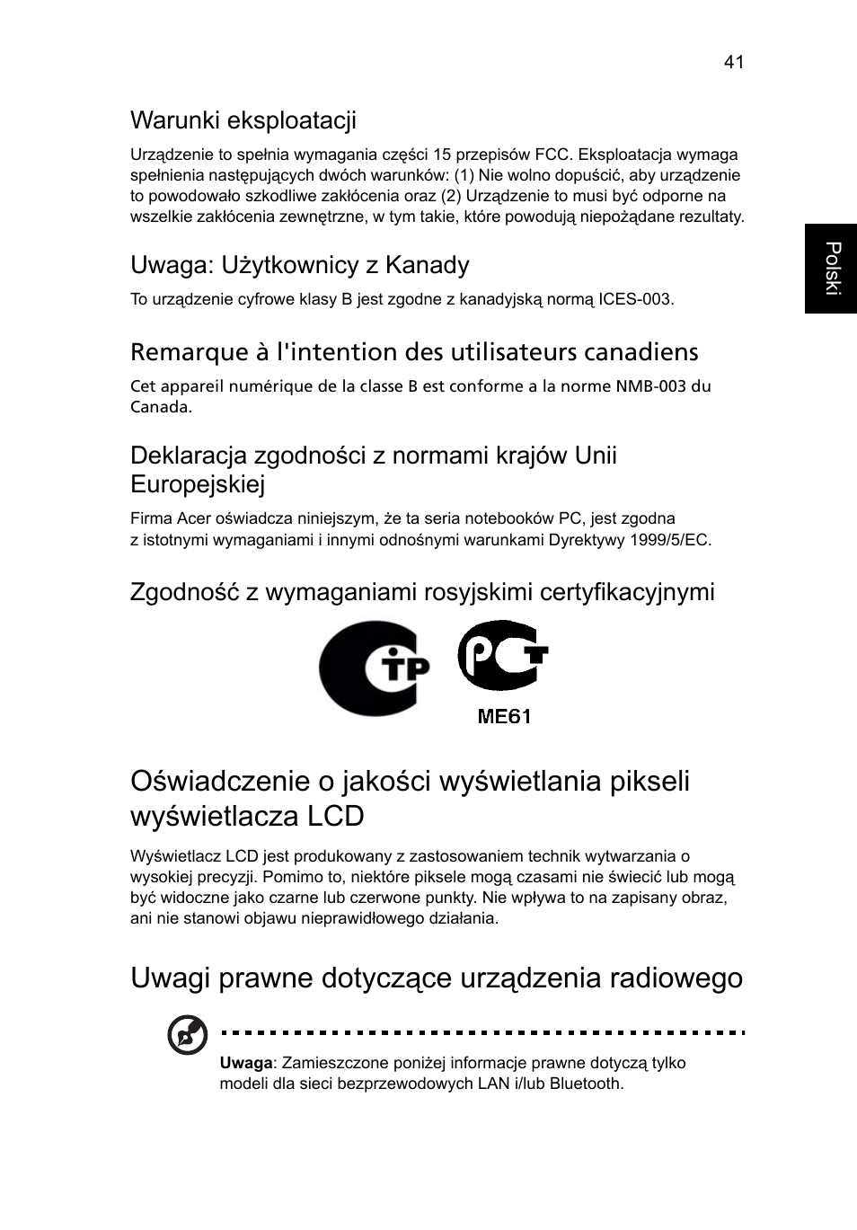 Uwagi prawne dotyczące urządzenia radiowego, Warunki eksploatacji, Uwaga: użytkownicy z kanady | Remarque à l'intention des utilisateurs canadiens, Zgodność z wymaganiami rosyjskimi certyfikacyjnymi | Acer Aspire One AO722 User Manual | Page 819 / 1810