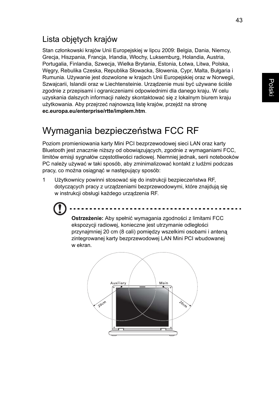 Wymagania bezpieczeństwa fcc rf, Lista objętych krajów | Acer Aspire One AO722 User Manual | Page 821 / 1810