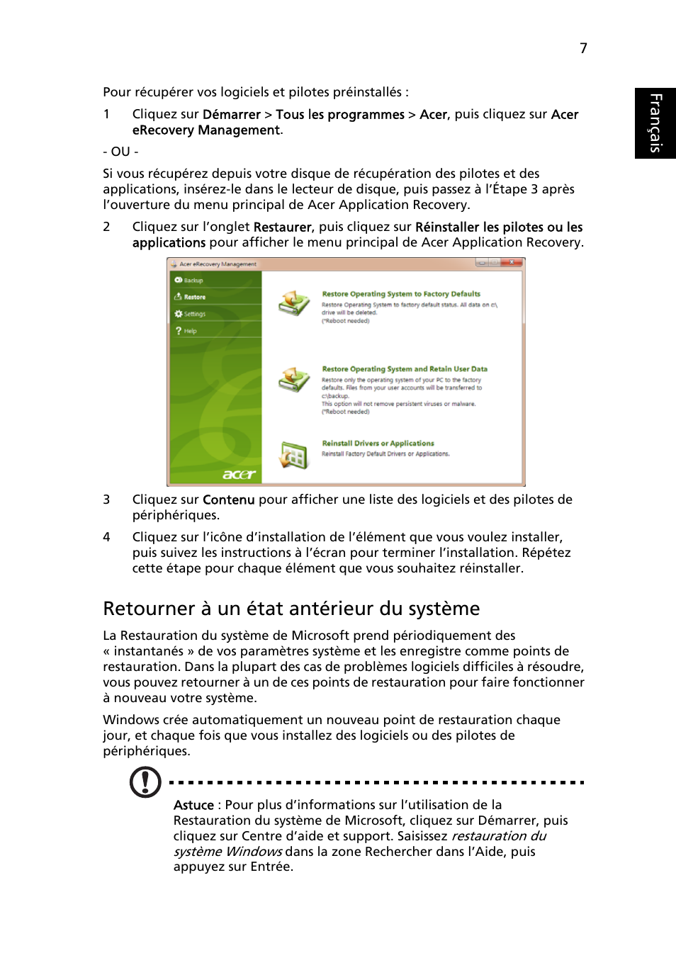 Retourner à un état antérieur du système, Français | Acer Aspire One AO722 User Manual | Page 87 / 1810